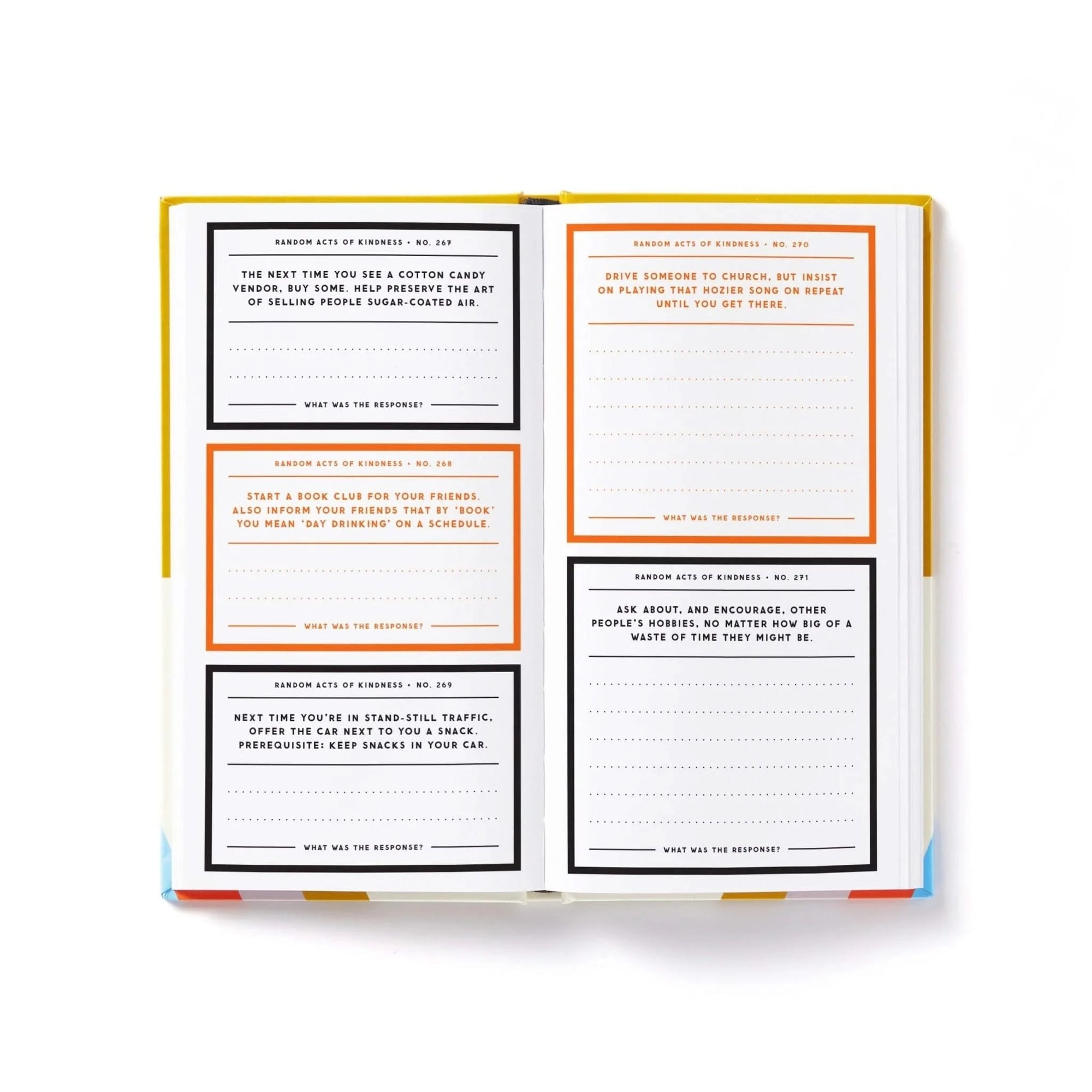 Interior spread of the prompted kindness journal showing multiple creative and humorous journaling prompts with lined space for responses.