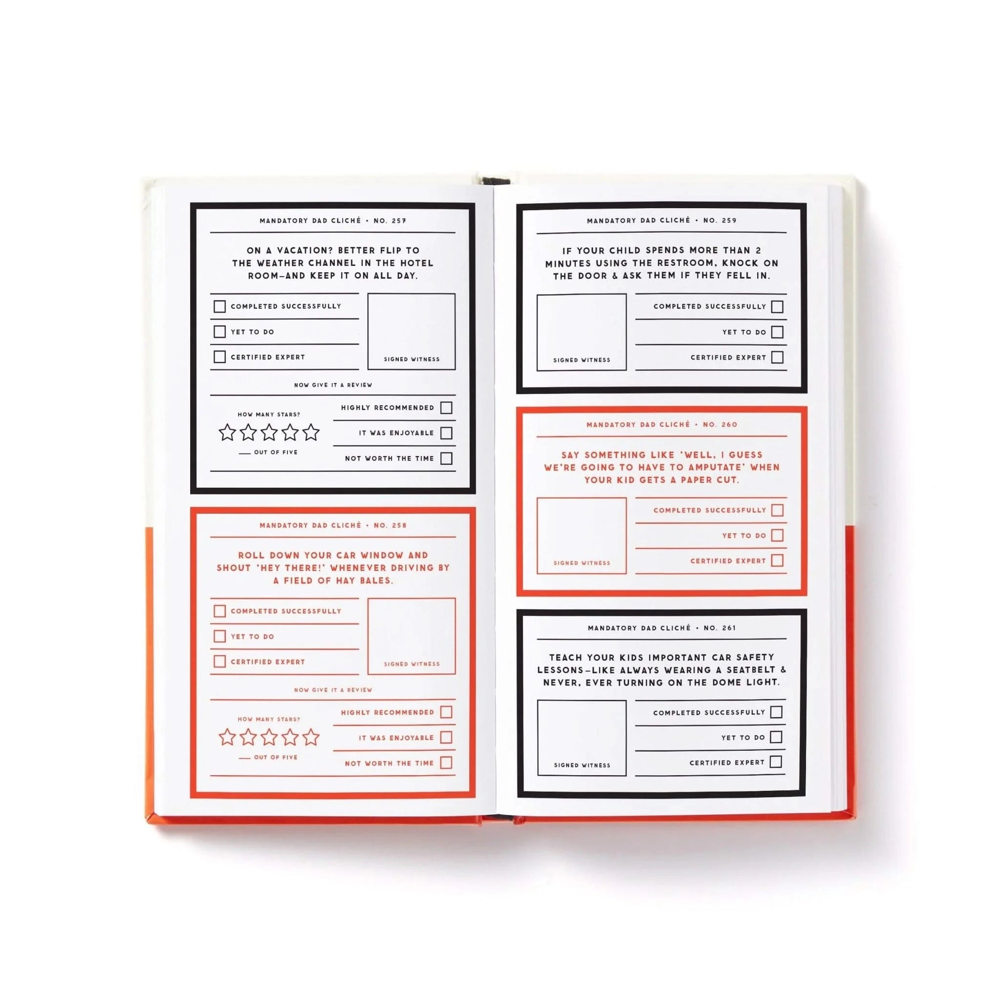 Open spread of "A Trillion Clichés Every Dad Will Do" journal showing classic dad clichés with checkbox prompts and review sections.