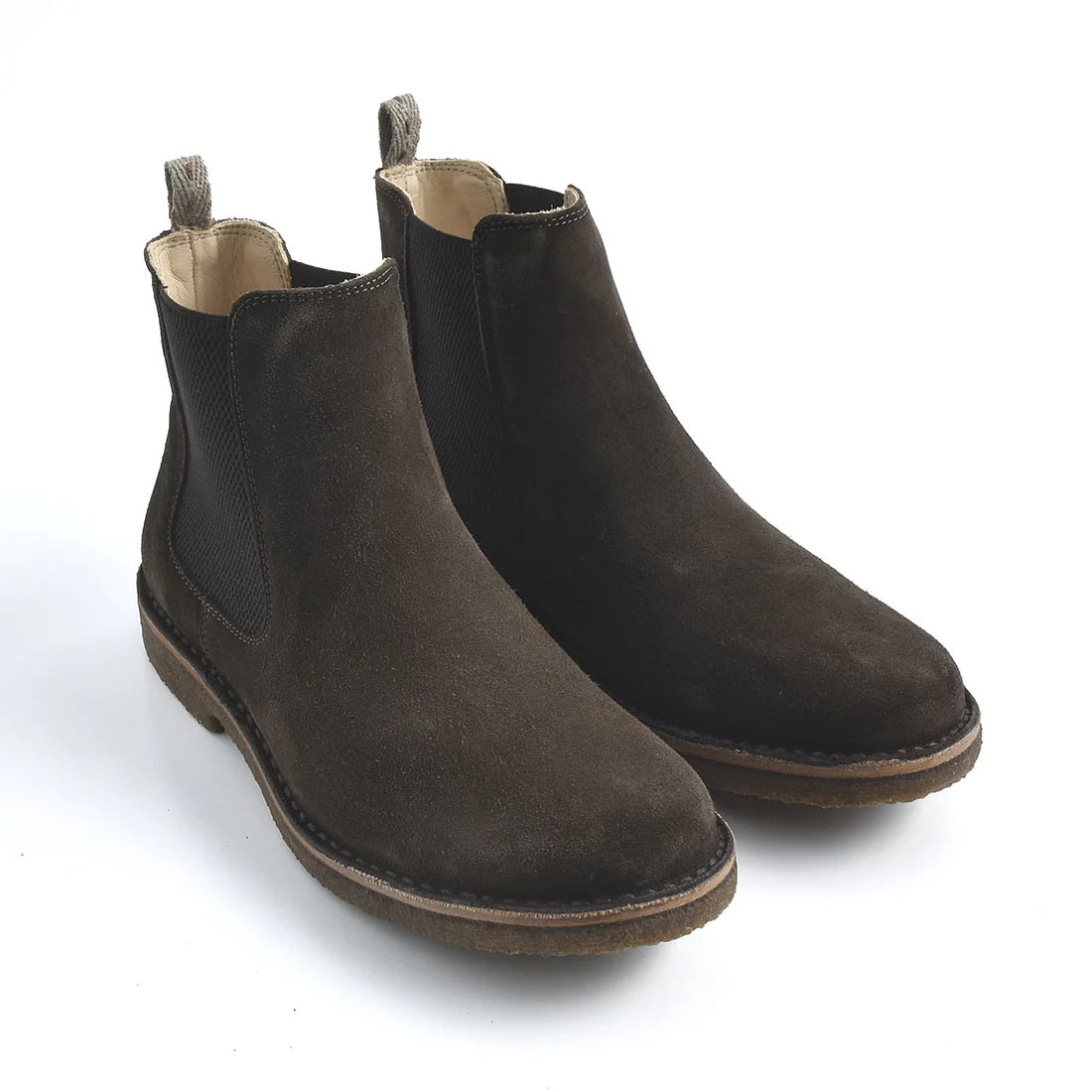 Dark chestnut suede Bitflex Chelsea Boots by Astorflex, featuring natural crepe soles and side elastic panels