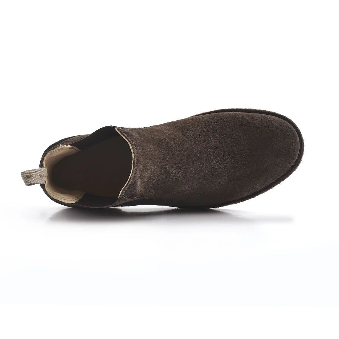 Top view of Bitflex Chelsea Boot in dark chestnut suede showing slip-on design and interior craftsmanship