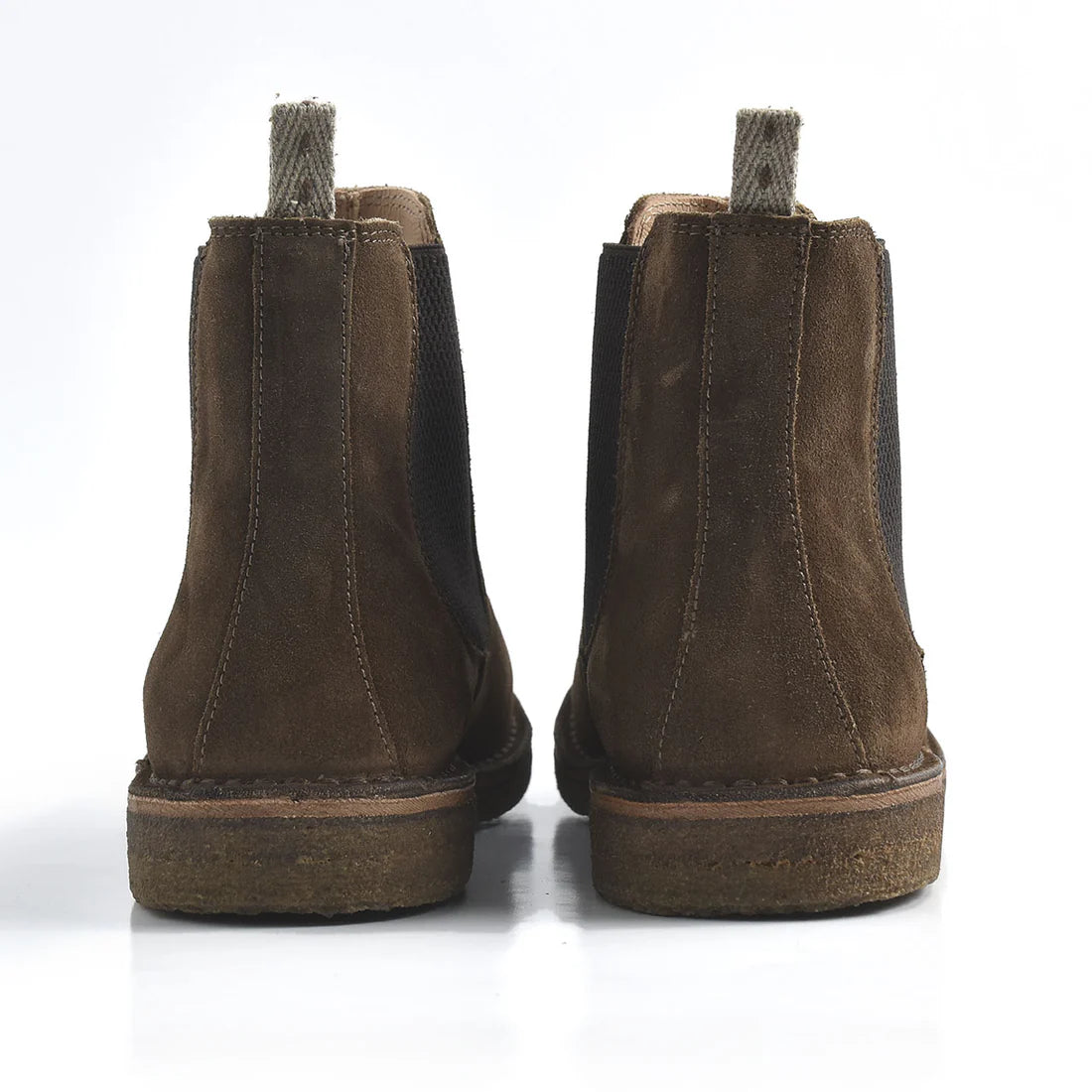 Back view of Bitflex Chelsea Boots in dark chestnut suede with crepe soles, handmade in Italy by Astorflex
