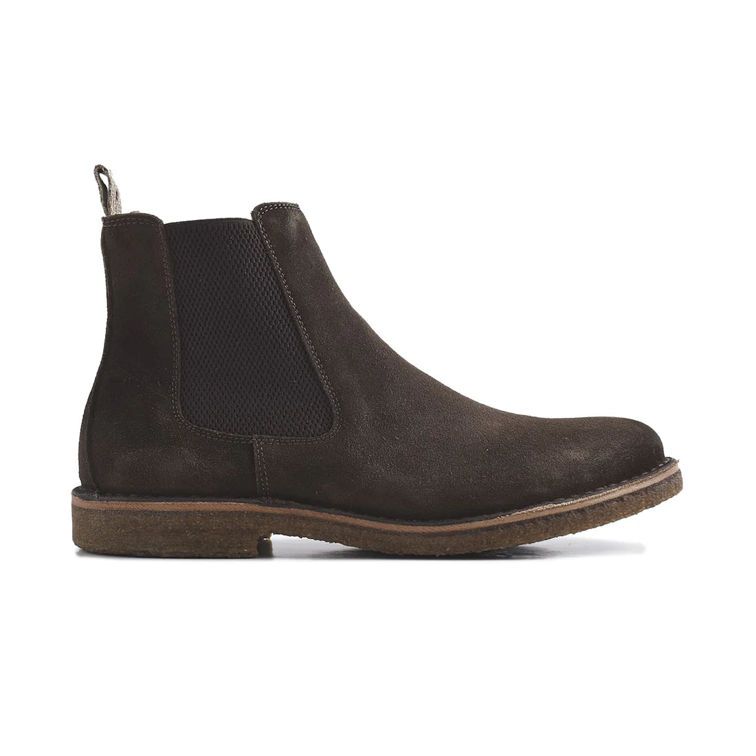 Side view of Astorflex Bitflex Chelsea Boot in dark chestnut suede with classic slip-on style and crepe sole