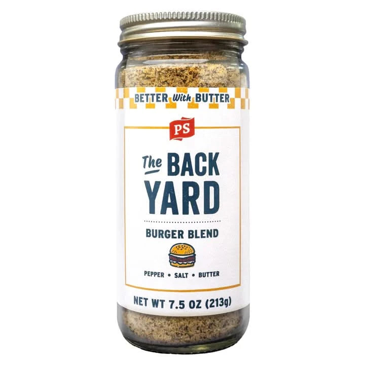 Close-up of The Backyard Burger Blend 7.5oz jar featuring butter, pepper, and salt blend by PS Seasoning, perfect for burgers, steaks, and grilled vegetables.