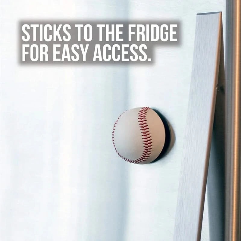 Baseball Bottle opener, shown on the front of a refrigerator