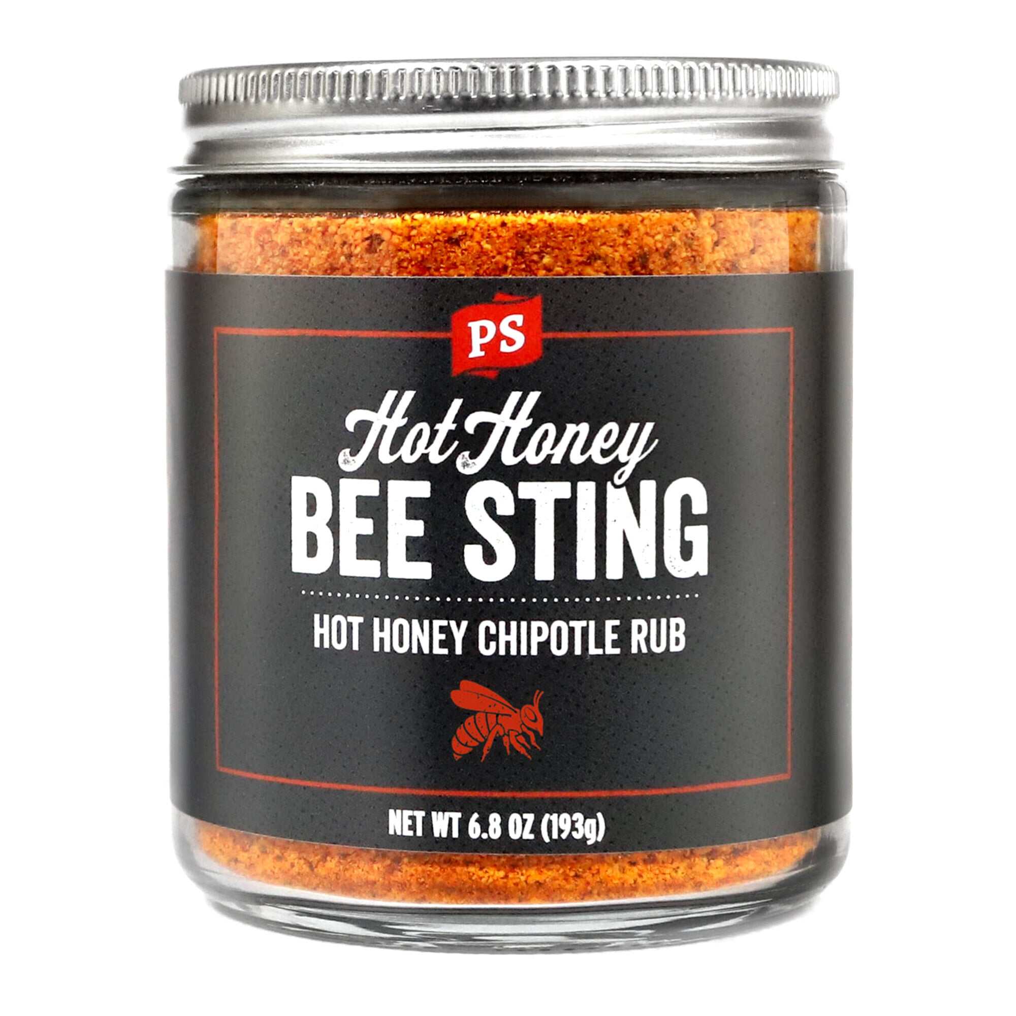 Hot Honey Bee Sting Rub – 6.8 oz jar of sweet and spicy chipotle BBQ seasoning blend for meats and grilling, available at The Simple Man.