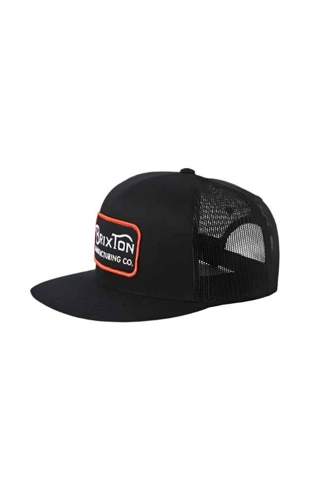 Black Brixton Grade HP Trucker Hat with mesh back, flat bill, and embroidered patch – men's snapback cap available at The Simple Man