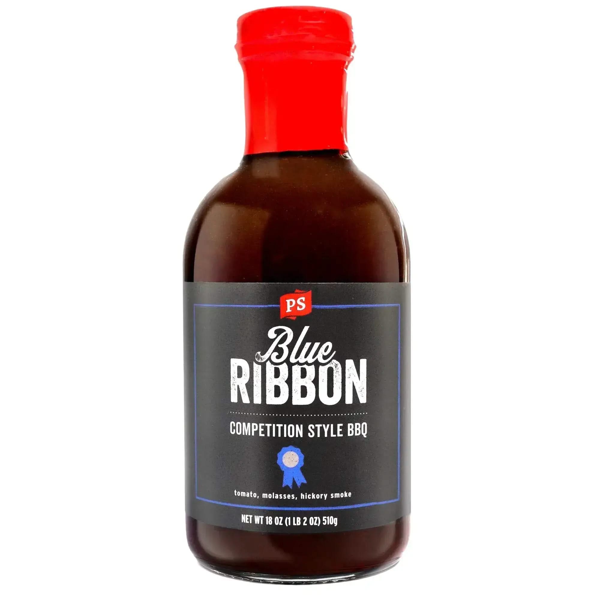 Front view of Blue Ribbon Competition Style BBQ Sauce bottle – 18oz of rich, smoky tomato and molasses-based sauce with hickory flavor.