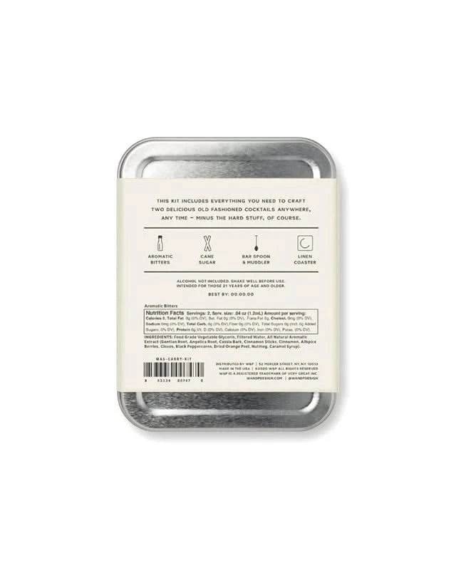 Craft travelers cocktail kit in a small tin, back of tin