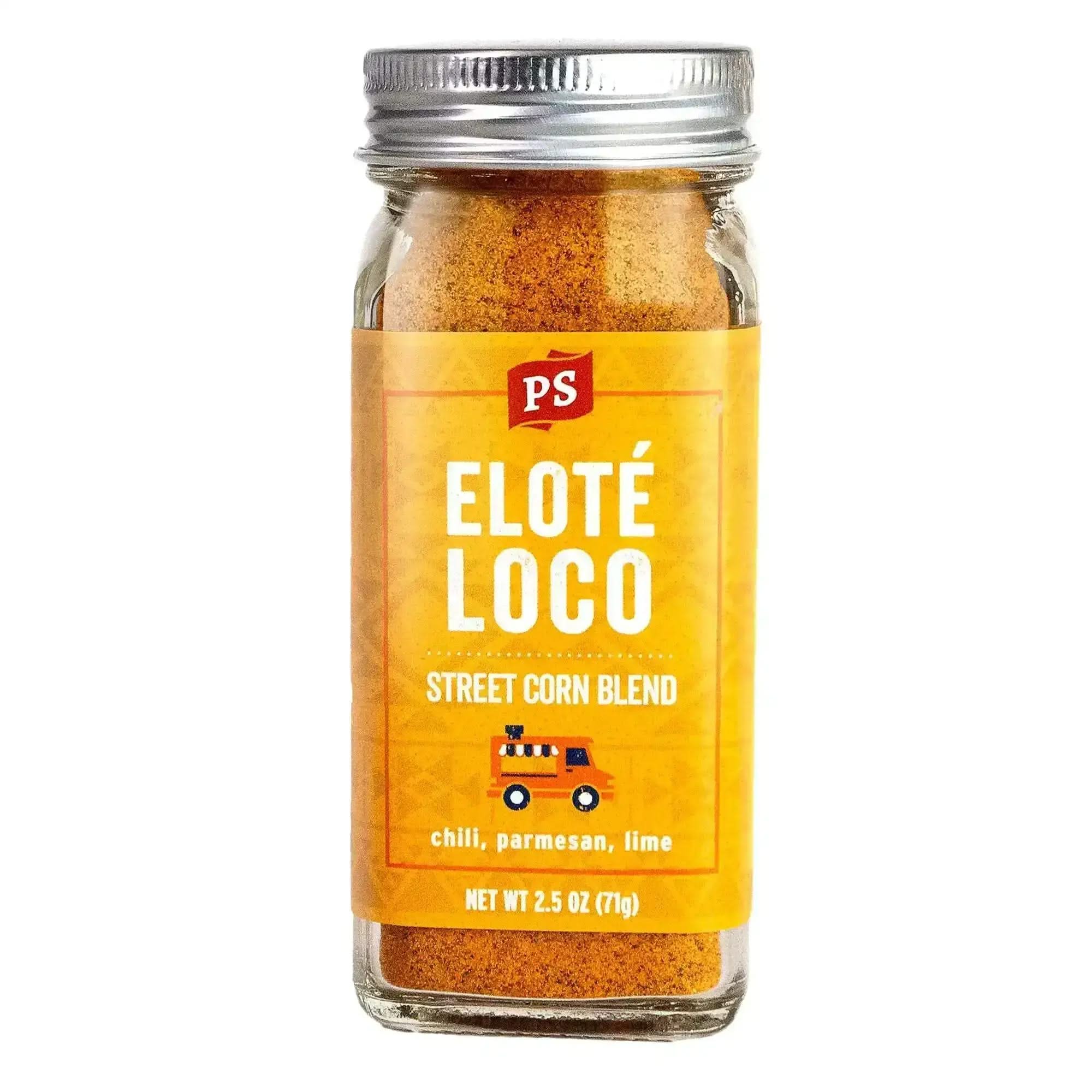 Elote Loco street corn seasoning blend by PS Seasoning, featuring chili, parmesan, and lime in a 2.5 oz spice jar with bright yellow label.
