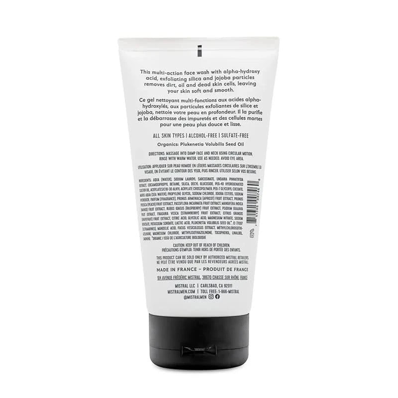 Mistral exfoliating face wash, back of package