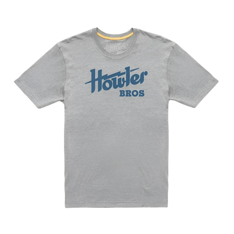 Howler Bros. Electric T-shirt in Heather Grey with Blue electric design, flat lay view