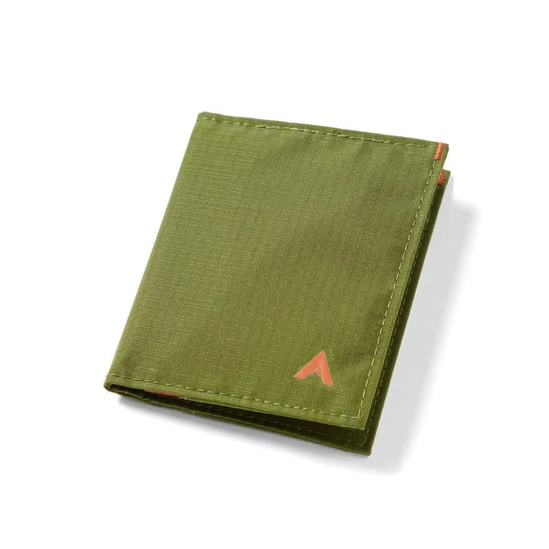 Closed Allett vertical slim wallet in green ripstop nylon with subtle logo detail