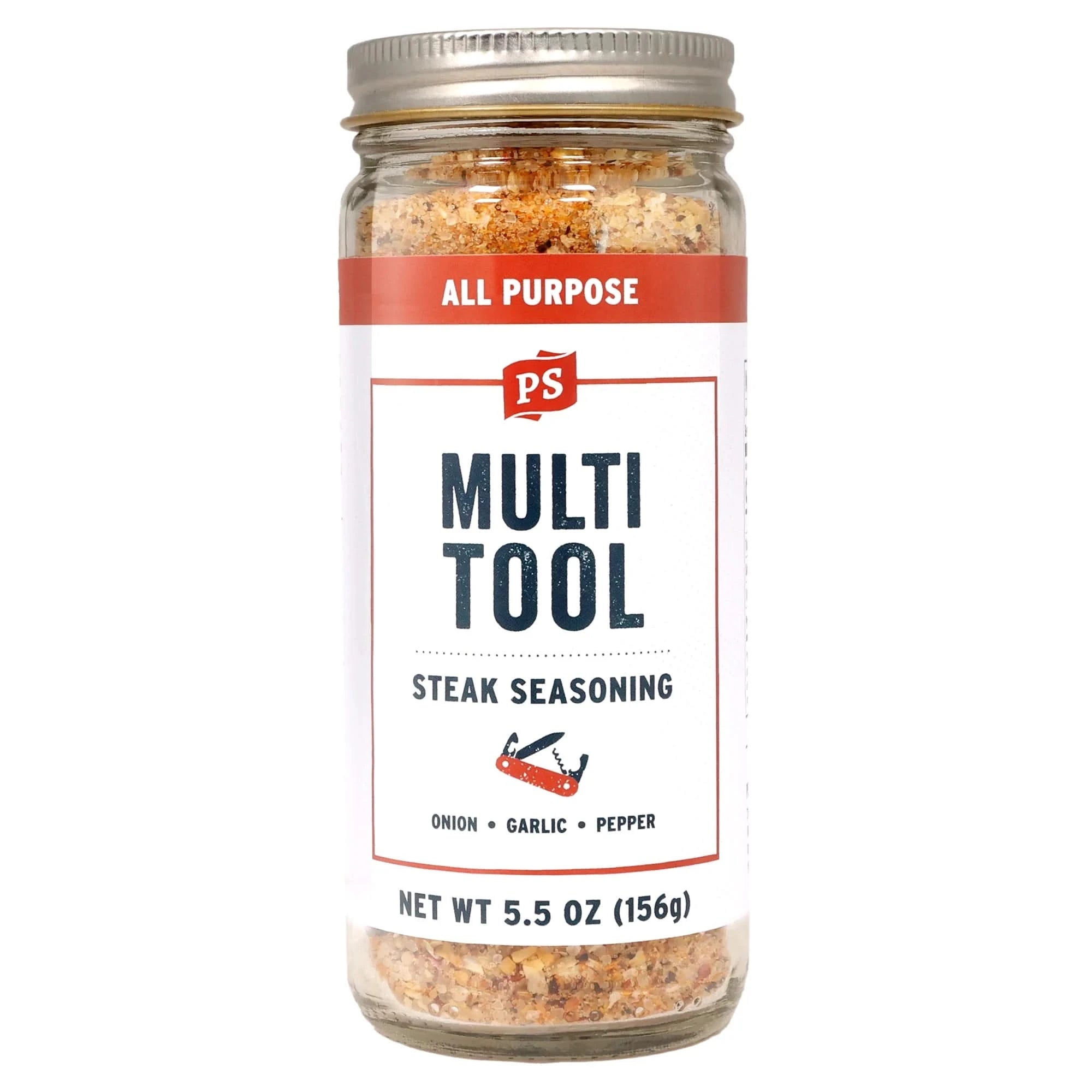 Jar of Multi-Tool All Purpose Steak Seasoning with onion, garlic, and pepper blend