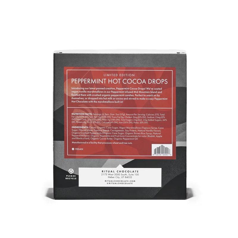 Ritual Chocolate peppermint hot cocoa drops in package, rear view