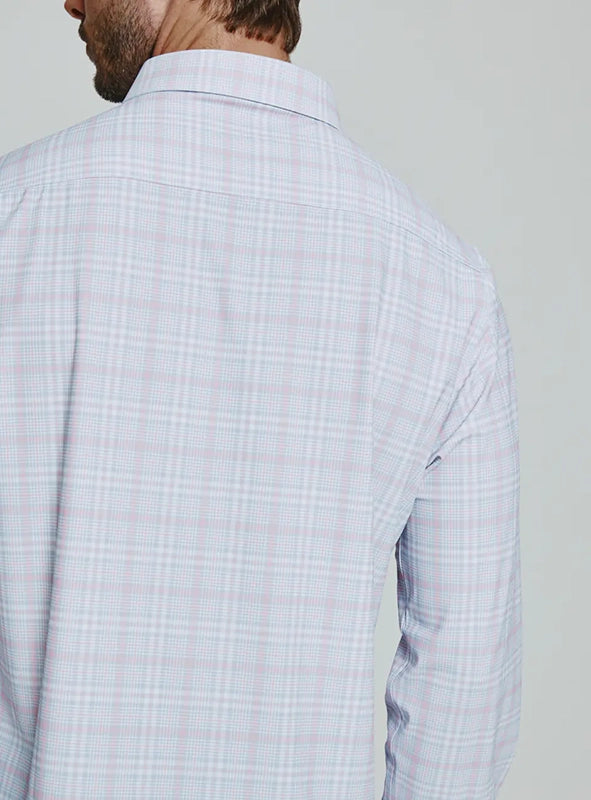 Model Wearing Sainte Long Sleeve 4-way stretch shirt - white/light blue/pink plaid, close up fabric detail view