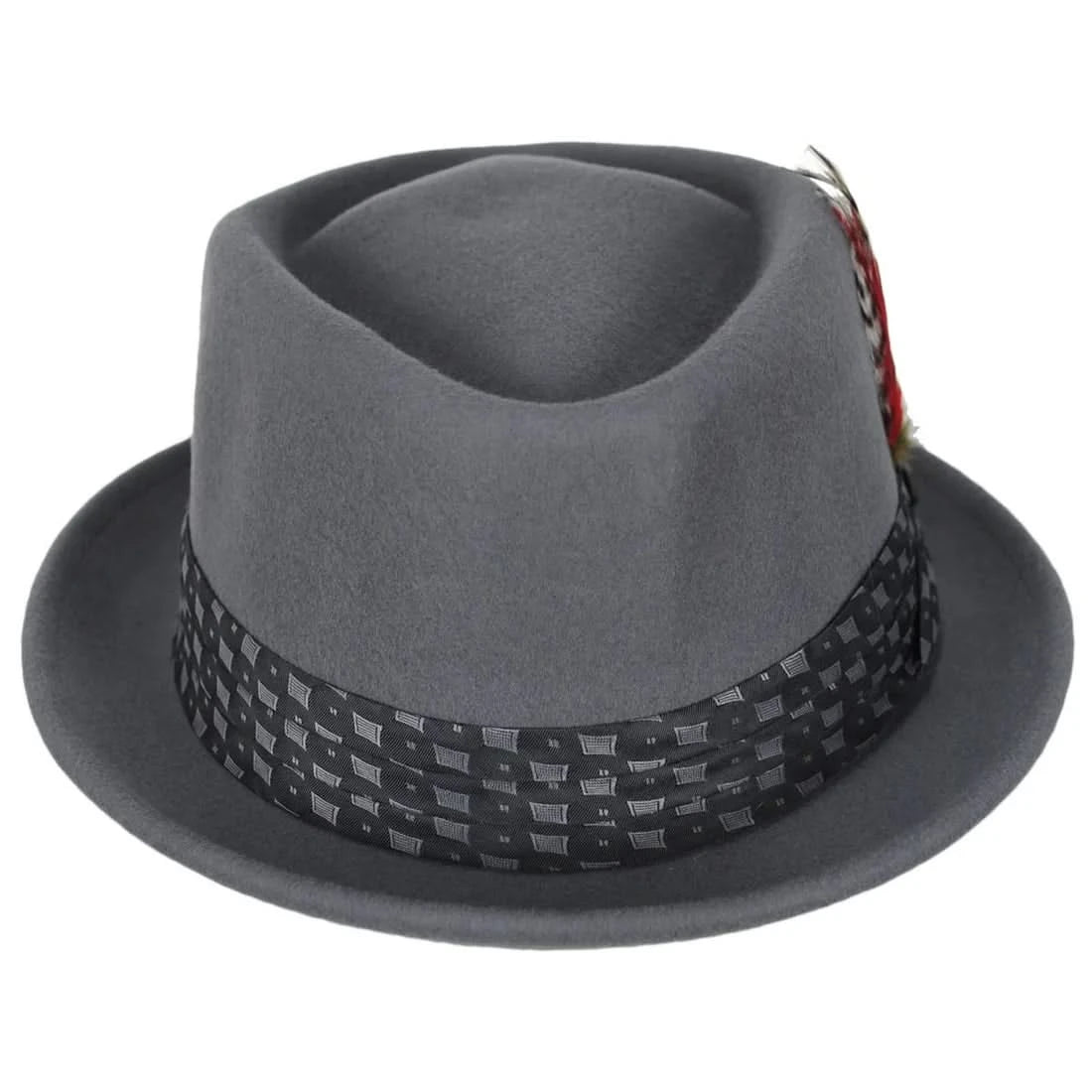 Front view of classic grey wool pork pie hat with black satin band