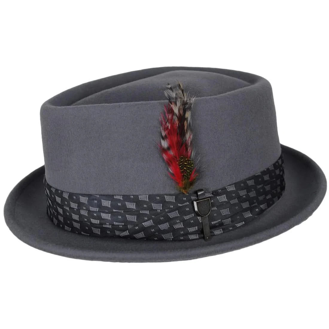 Stout Pork Pie Hat in light grey with patterned band and red feather detail