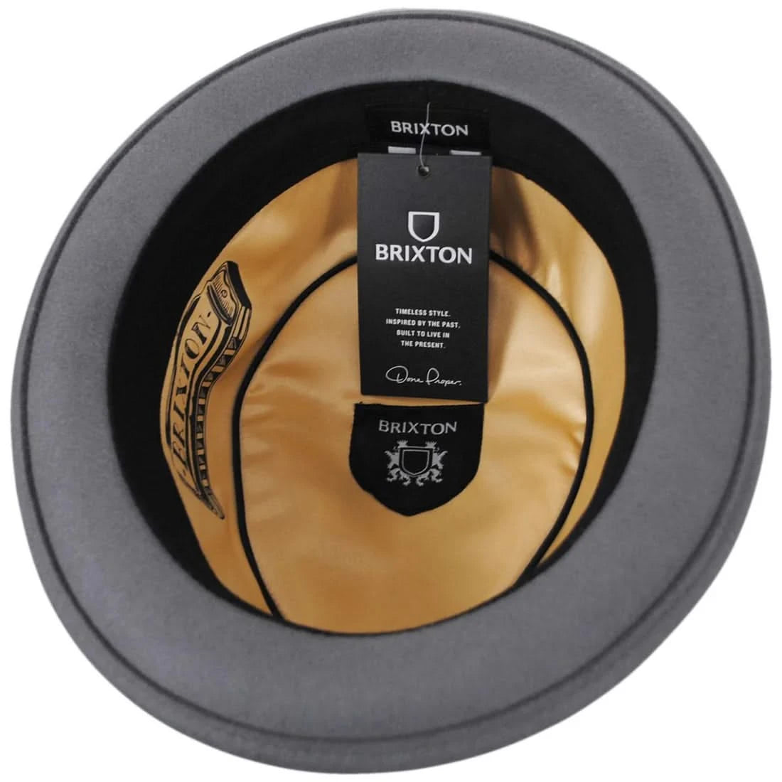 Interior view of Stout Pork Pie Hat showing custom lining and Brixton tag