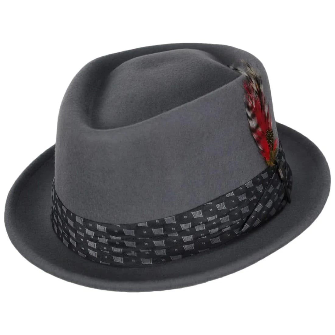Angled side view of Stout Pork Pie Hat showing feather and brim shape