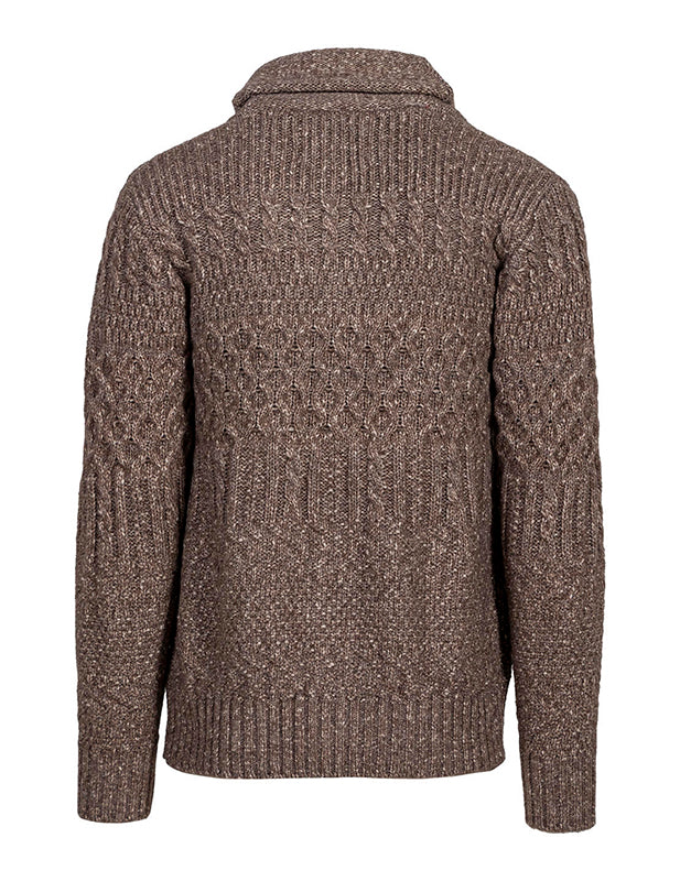 Schott NYC shawl collar cable knit sweater in kahaki color, rear view