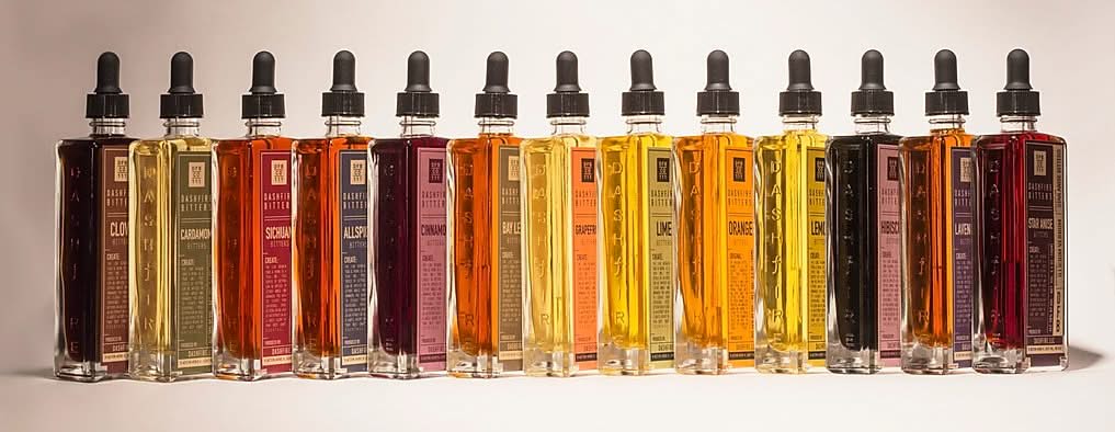Dashfire  bitters in the bottle, multiple flavors shown