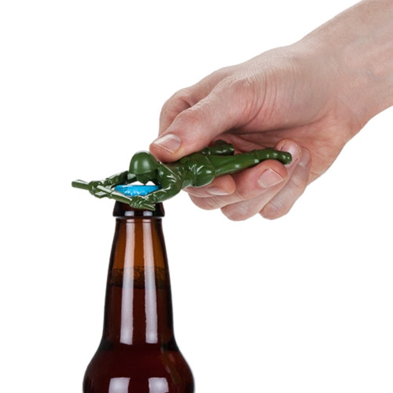 cast iron army bottle opener, opening a bottle