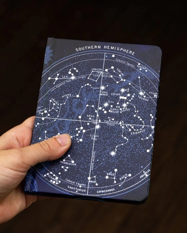 model holding Mini Hardcover notebook 4x6 with Constellations cover art to show size