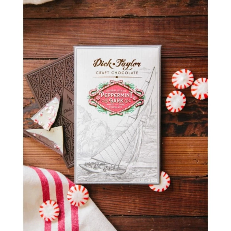 Dick Taylor Peppermint Bark Dark & White Chocolate Bar Stylized with ingredients
