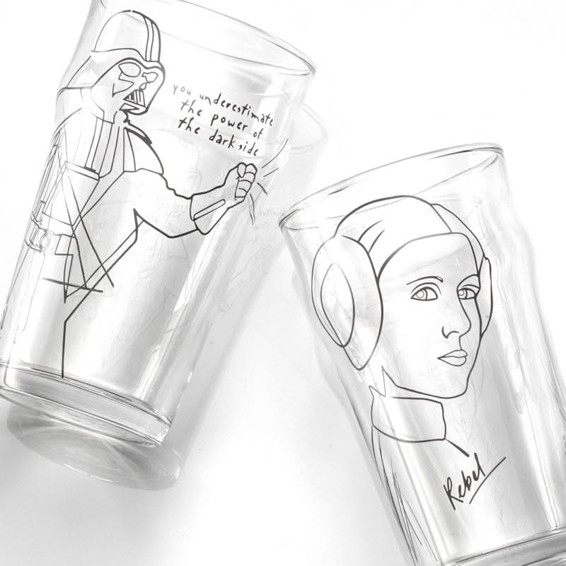 Star Wars drinking glasses with Darth Vader and Princess Laya screen print