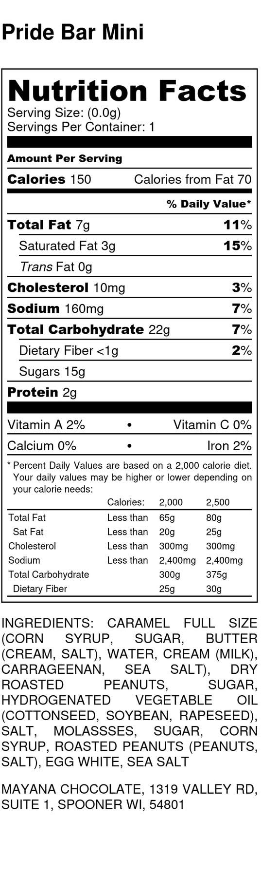 Mayana Pride Bar Mini, shown the nutritional facts label