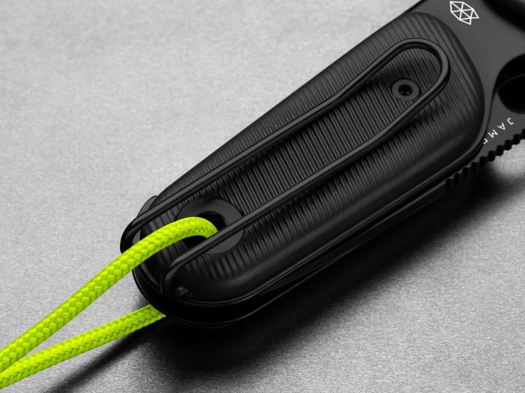 Redstone compact folding knife with serrated drop point blade in Black color, featuring slide-lock and bent-wire pocket clip – available at The Simple Man