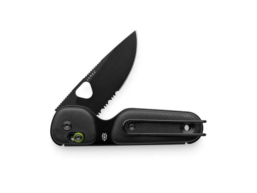 Redstone compact folding knife with serrated drop point blade in Black color, featuring slide-lock and bent-wire pocket clip – available at The Simple Man.