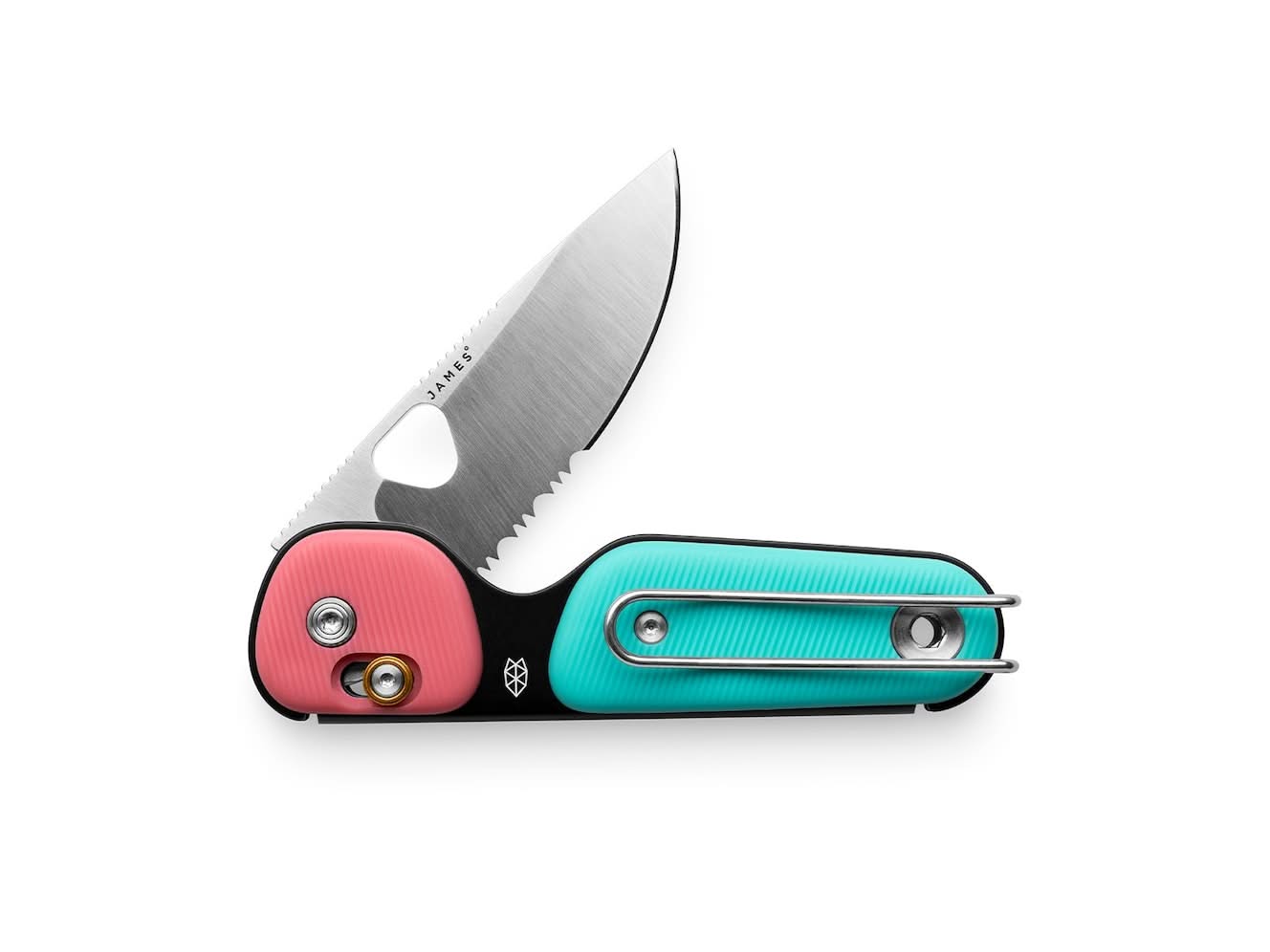 Redstone compact folding knife with serrated drop point blade in turquoise and coral color, featuring slide-lock and bent-wire pocket clip – available at The Simple Man