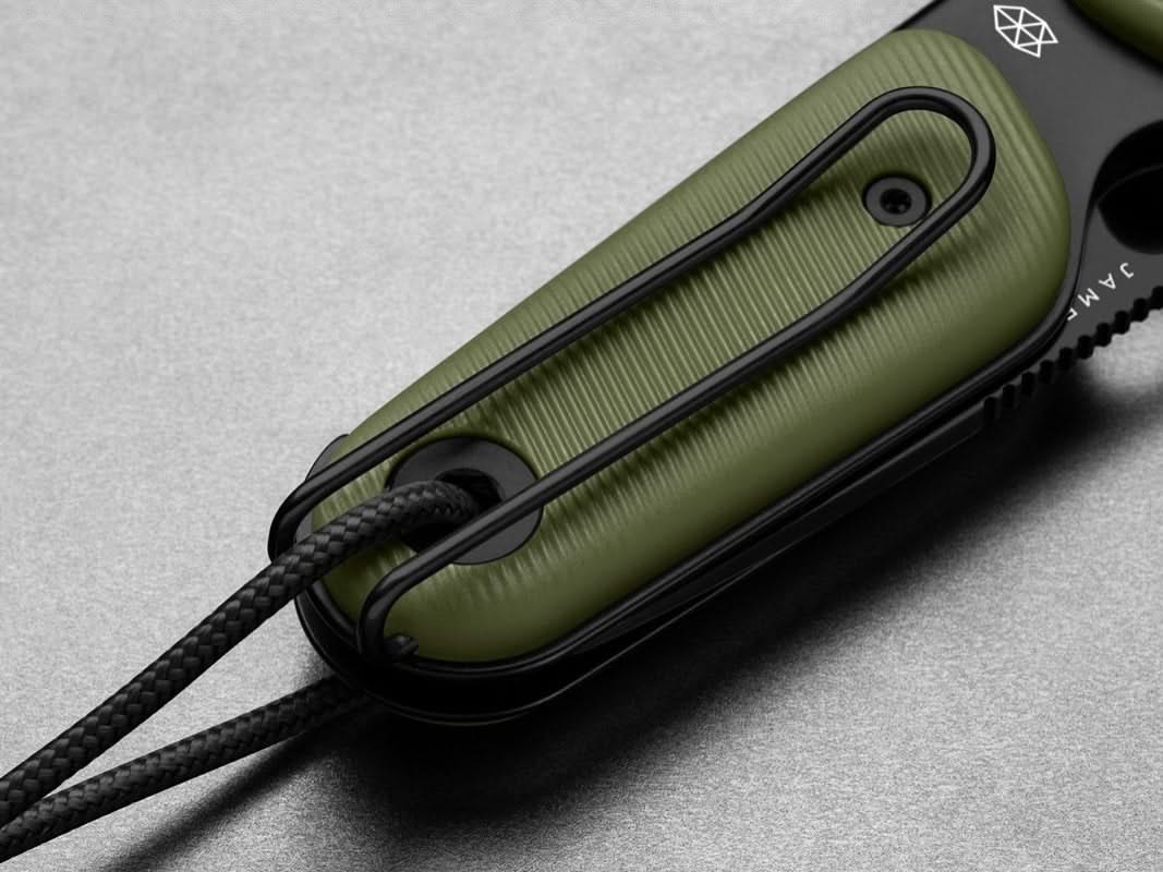 Redstone compact folding knife with serrated drop point blade inOD Green with black blade color, featuring slide-lock and bent-wire pocket clip – available at The Simple Man.