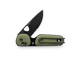 Redstone compact folding knife with serrated drop point blade in OD Green with black blade color, featuring slide-lock and bent-wire pocket clip – available at The Simple Man.