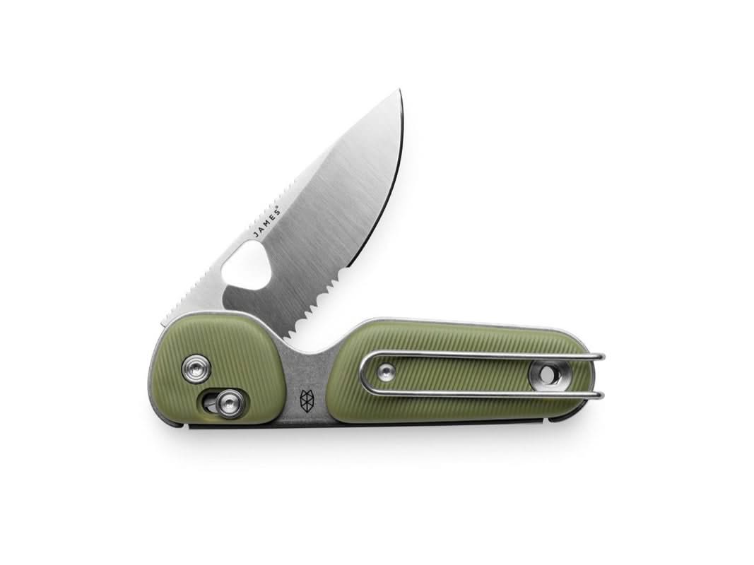 Redstone compact folding knife with serrated drop point blade in OD Green color, featuring slide-lock and bent-wire pocket clip – available at The Simple Man