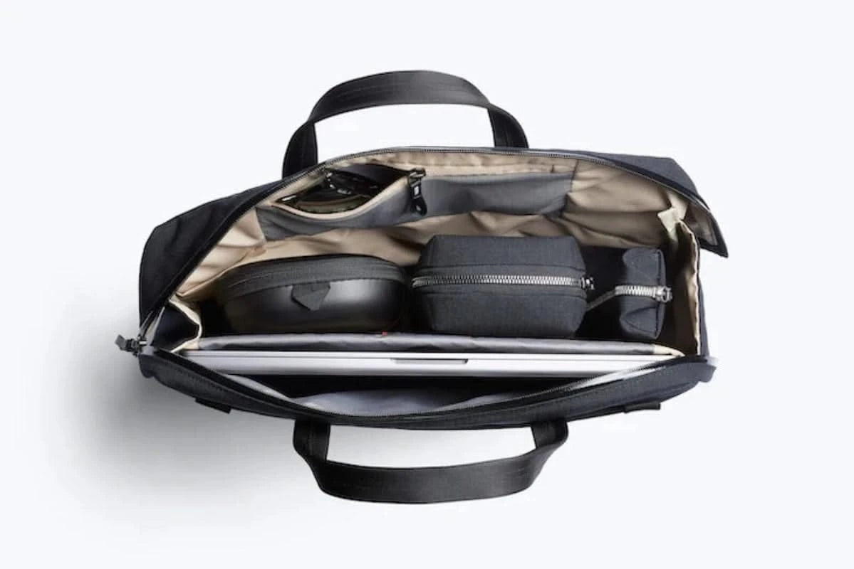 Bellroy Via Work Bag in Black looking down inside the open bag