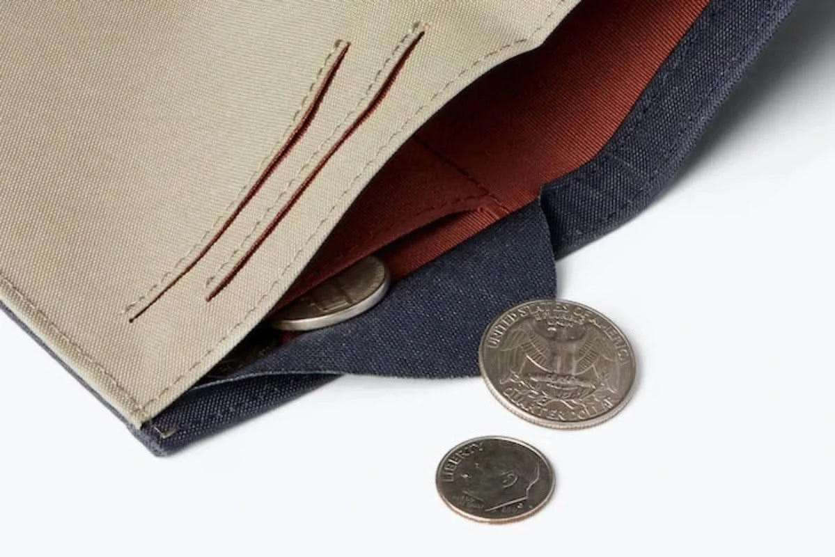 Bellroy woven note sleeve wallet charcoal open with coins