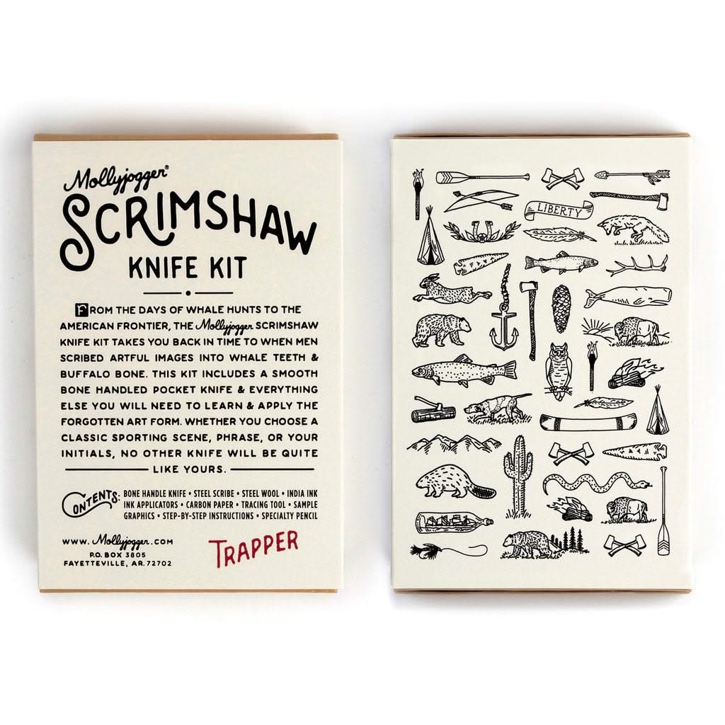 Molly jogger Scrimshaw Knife kit, shown with packaging front and back