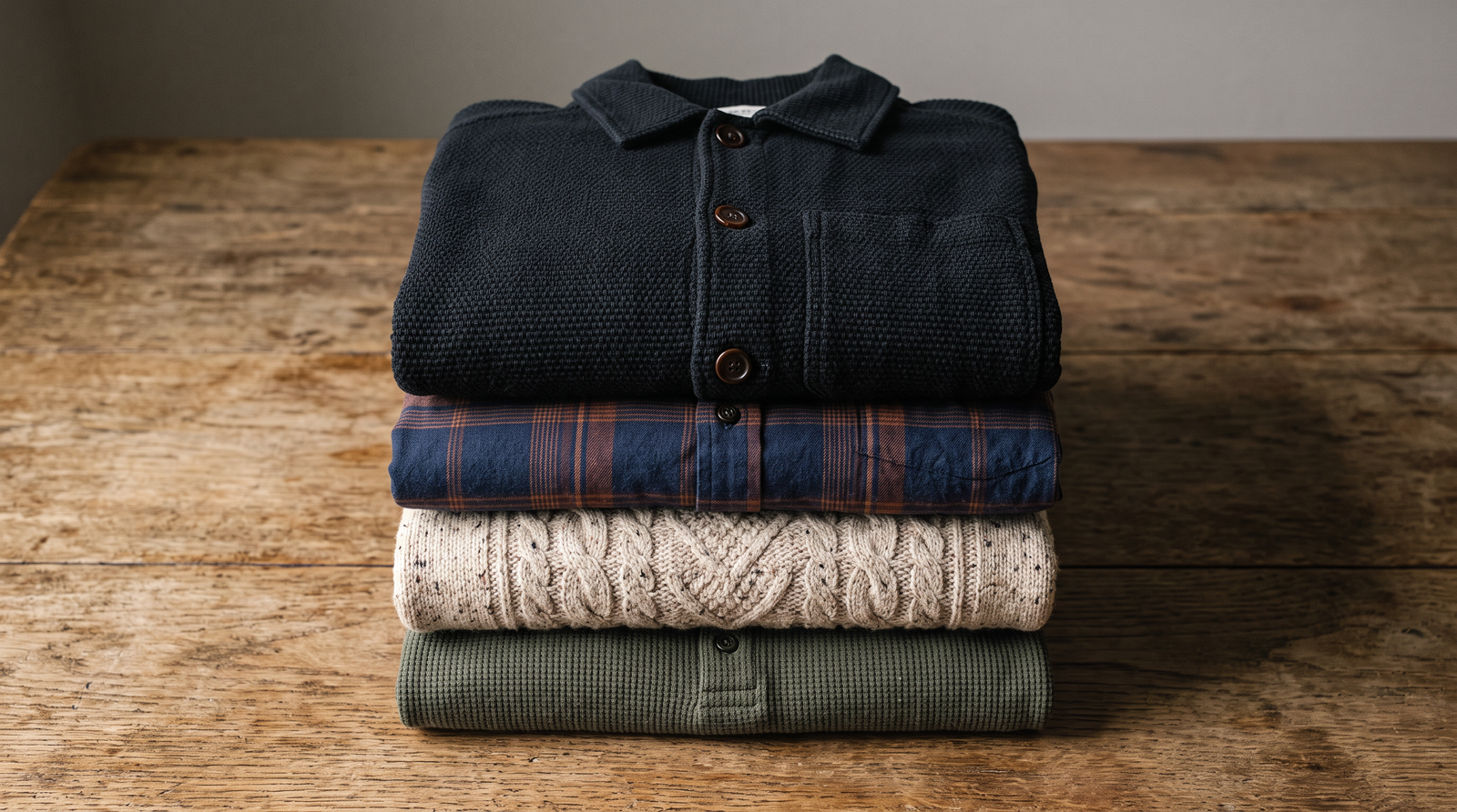 Washed black cotton chore coat with folded flannel and merino knitwear, autumn menswear layers