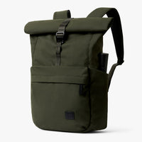 Bellroy Classic Rolltop commuter backpack in Olive, front three-quarter view - The Simple Man