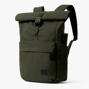 Bellroy Classic Rolltop commuter backpack in Olive, front three-quarter view - The Simple Man