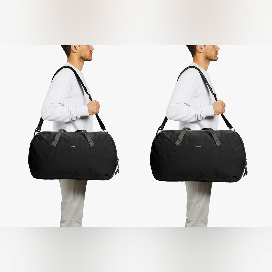 Bellroy Venture Duffel 40L in Black, carried over the shoulder, front and side views - The Simple Man