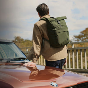 Bellroy Classic Rolltop commuter backpack in Olive, worn on the back, rear view - The Simple Man