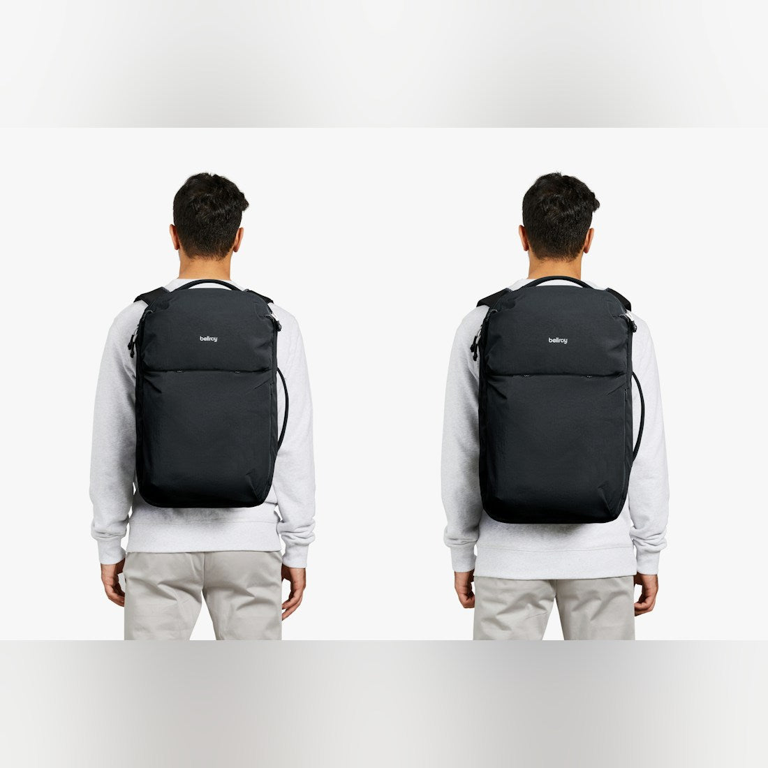 Bellroy Lite Travel Pack 38L carry-on backpack in Black, worn by a man, front and back views - The Simple Man