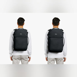 Bellroy Lite Travel Pack 38L carry-on backpack in Black, worn by a man, front and back views - The Simple Man
