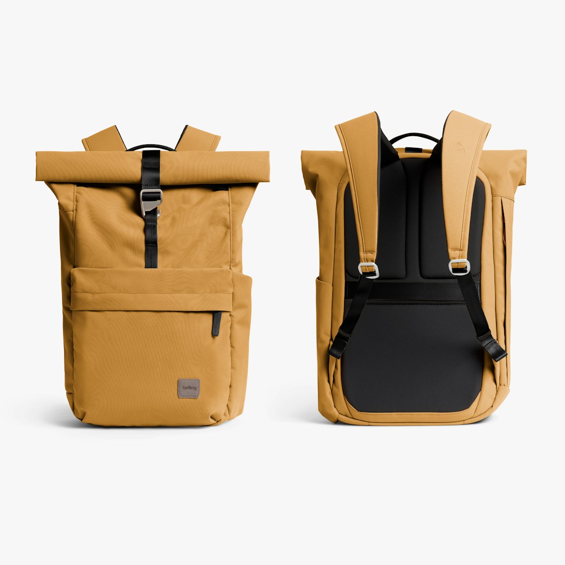 Bellroy Classic Rolltop commuter backpack in Camel, front and back views - The Simple Man