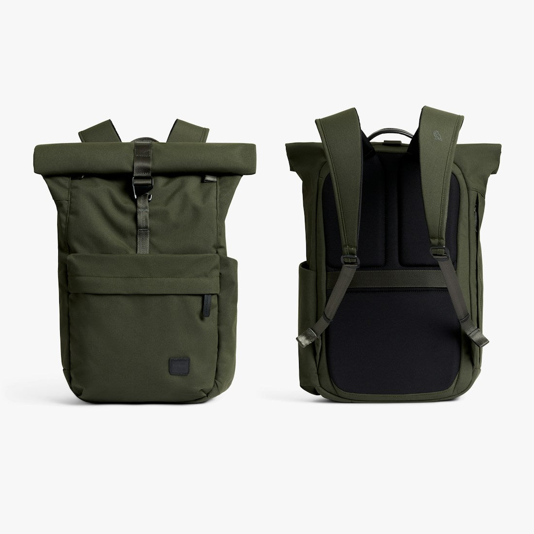 Bellroy Classic Rolltop commuter backpack in Olive, front and back views - The Simple Man