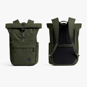 Bellroy Classic Rolltop commuter backpack in Olive, front and back views - The Simple Man