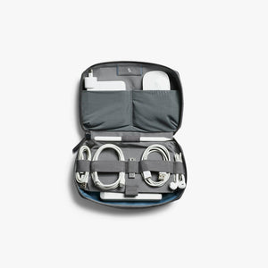 Bellroy Tech Kit cable organizer in Black, open showing cable and charger organization - The Simple Man